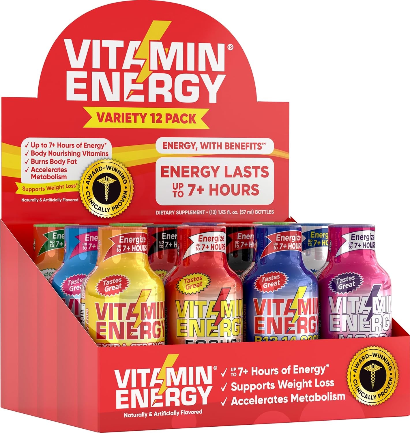 Vitamin Energy Variety | Wellness Shots | Natural Healthy Energy, Focus, Immune, & Sleep Drinks | Sugar & Carb-Free Supplement | Vitamins & Nutrients Energize up to 7+ Hours | 1.93 Fl Oz (Pack of 12)