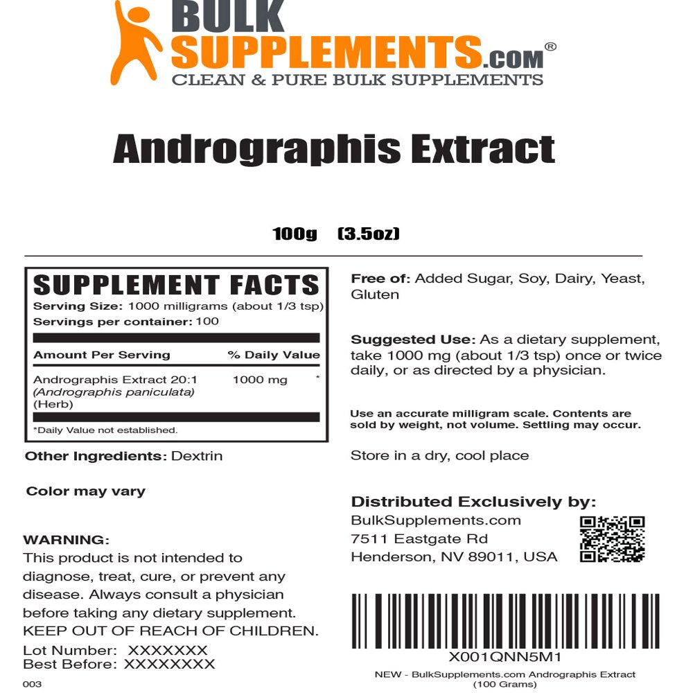 Bulksupplements.Com Andrographis Extract Powder, 1000Mg - Digestive & Immune Support (100G - 100 Servings)