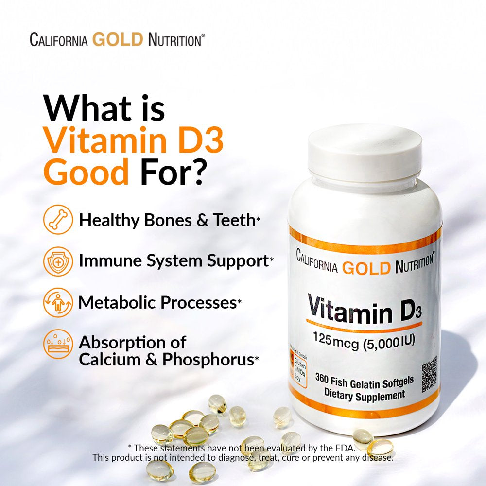 Vitamin D3 Supplement by California Gold Nutrition - Support for Healthy Bones & Teeth - Immune System Support - Gluten Free, Non-Gmo - 125 Mcg (5,000 IU) - 2 Pack of 90 Fish Gelatin Softgels Each