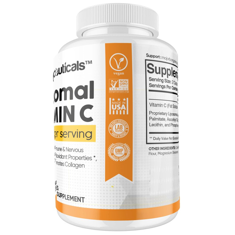 Liposomal Vitamin C Capsules 1200Mg High Absorption Vit C, Immune System & Collagen Booster, Fat Soluble Immunity Support Ascorbic Acid Supplement, 180 Natural Vegan Capsules