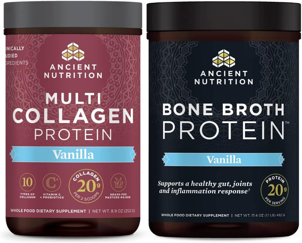 Ancient Nutrition Multi Collagen Protein Powder, Vanilla, 24 Servings + Bone Broth Protein Powder, Vanilla, 20 Servings