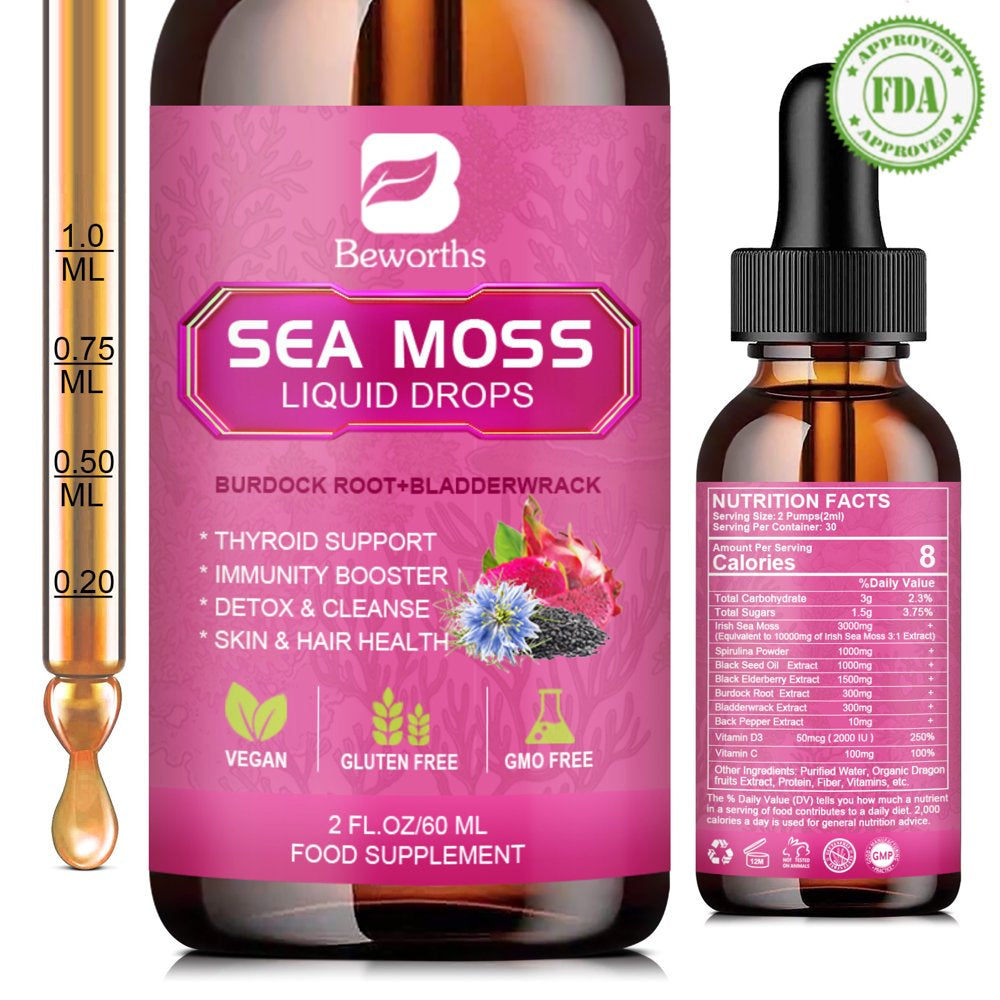 Beworths 3000Mg Irish Sea Moss Liquid Drops,With Bladderwrack and Burdock Root,For Immunity Booster, Joint & Thyroid - 2.03Oz