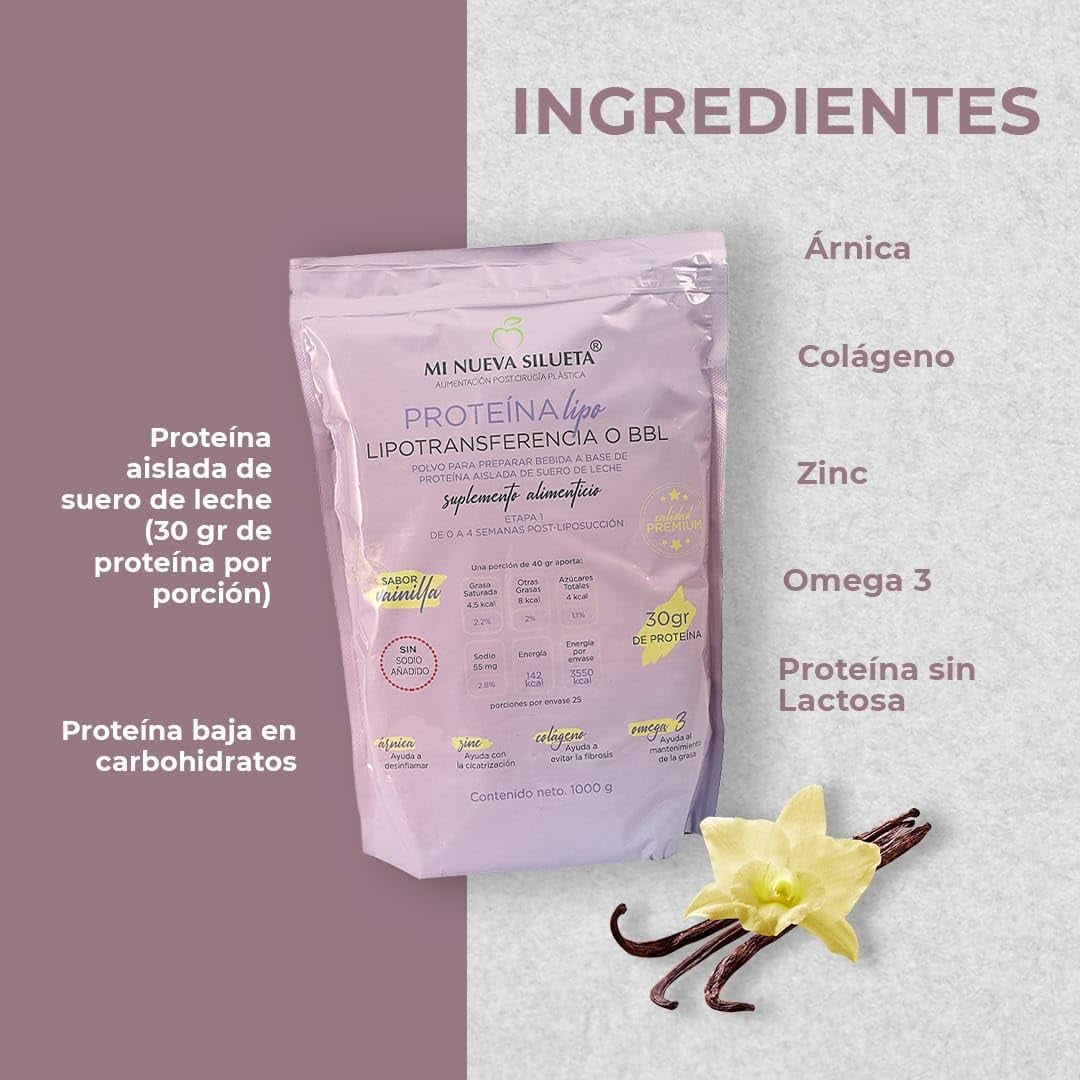 MI NUEVA SILUETA Lipotransfer Protein Stage 1 My New Silhouette Is an Isolated Whey Protein Powder with Collagen That Helps to Maintain Transferred Fat. (VANILA)