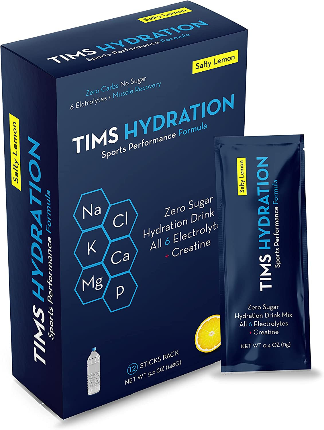 TIMS HYDRATION - Sports Performance Formula, Salty Lemon, Zero Sugar Electrolyte Drink Mix + Creatine, Single Serving Sticks, All 6 Electrolytes + Muscle Recovery, Pack of 12