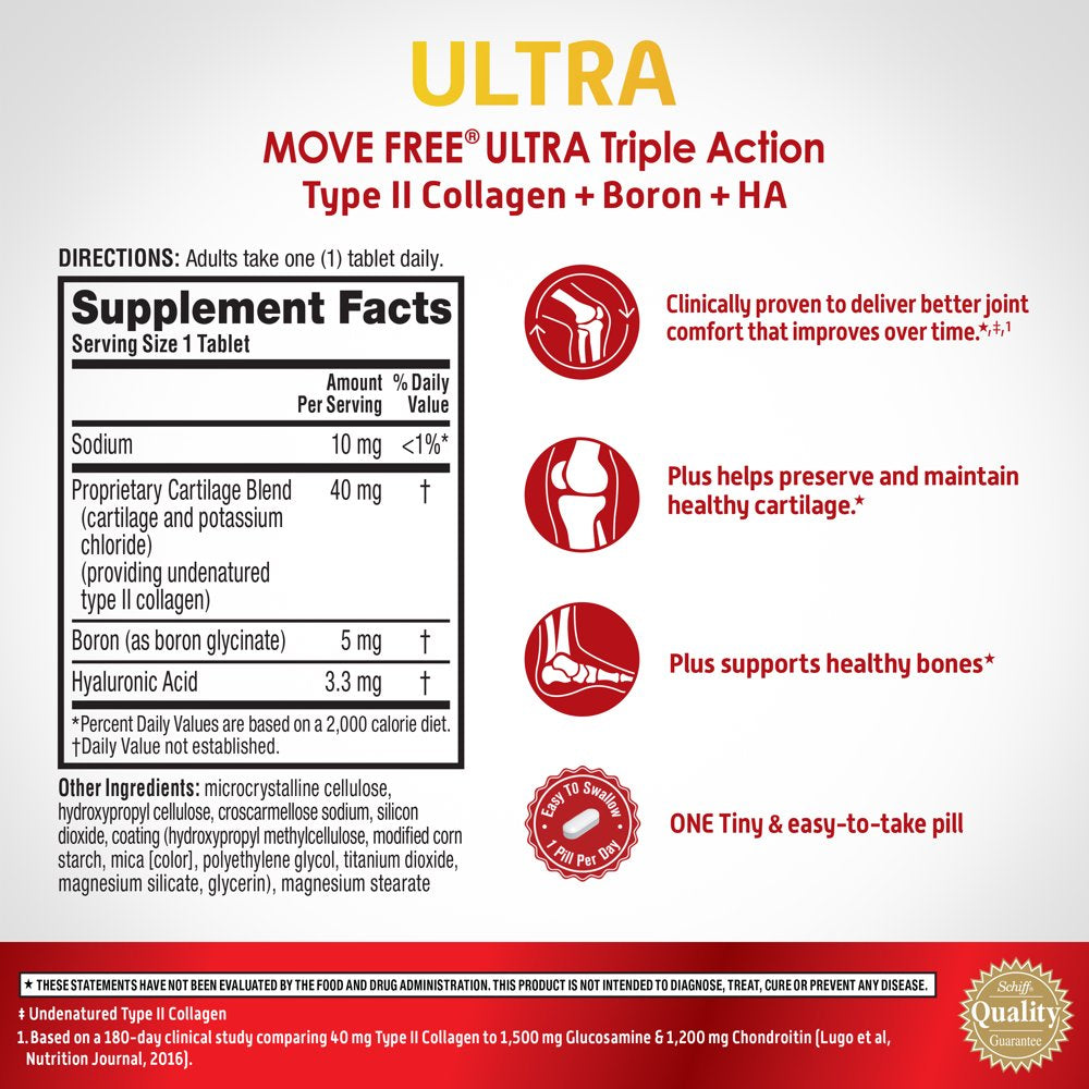 Move Free Ultra Triple Action Joint Supplement with Type II Collagen, Boron, and Hyaluronic Acid - 30 Tablets