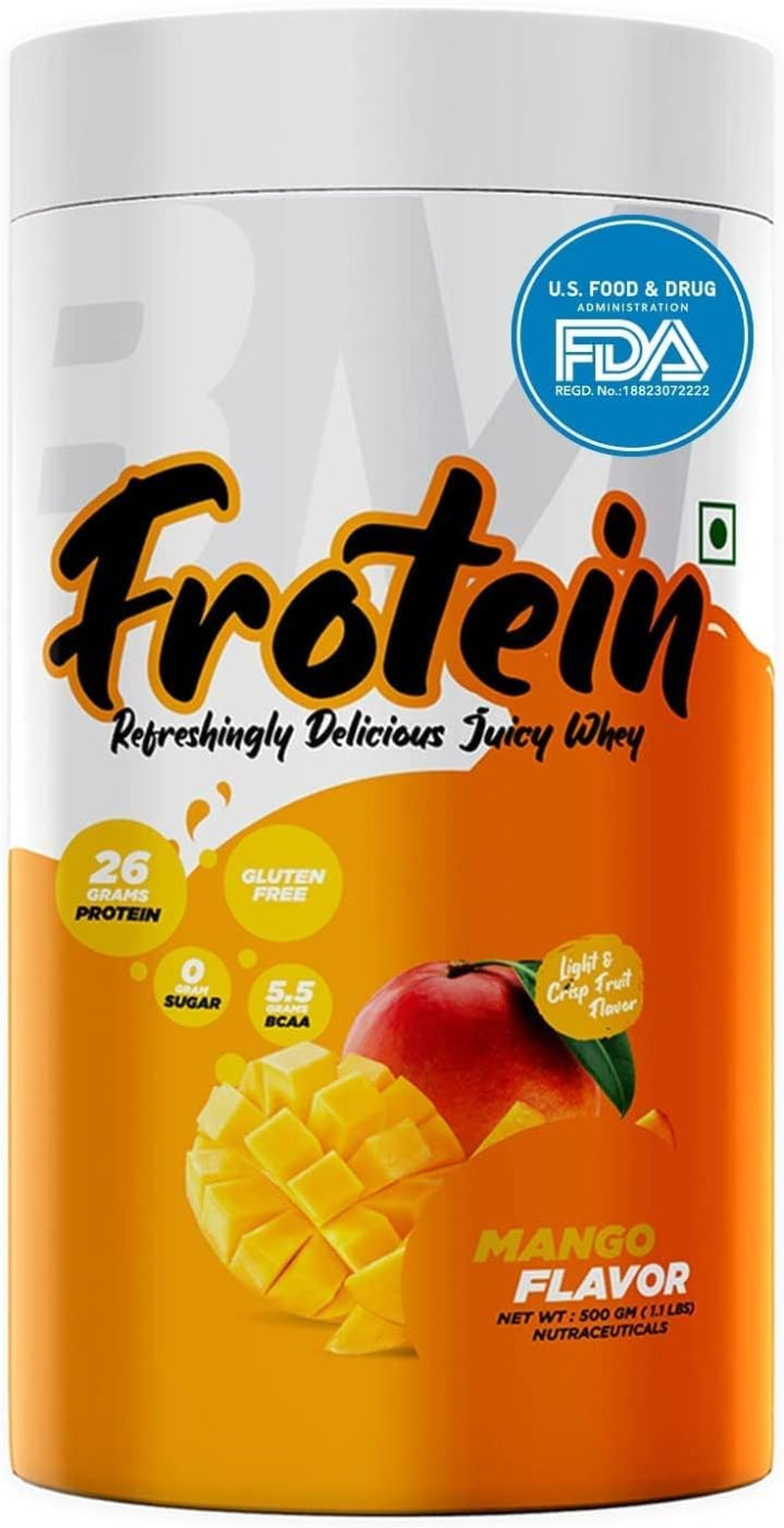 CROW Bigmuscles Nutrition Frotein 26G Refreshing Mango Flavored Hydrolysed Whey Protein Isolate 6G Glutamine 15G EAA per Serving 0G Sugar Light and Crisp like Juice (15 Servings, 500 Gm