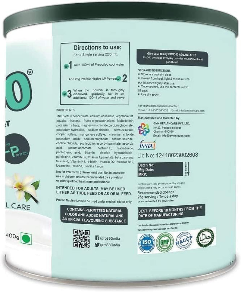 SJH Pro360 Nephro LP - Non-Dialysis Care Nutritional Protein Drink (Vanilla Flavour) No Added Sugar, Special Dietary Supplement for Kidney/Renal Health, 400 Gm