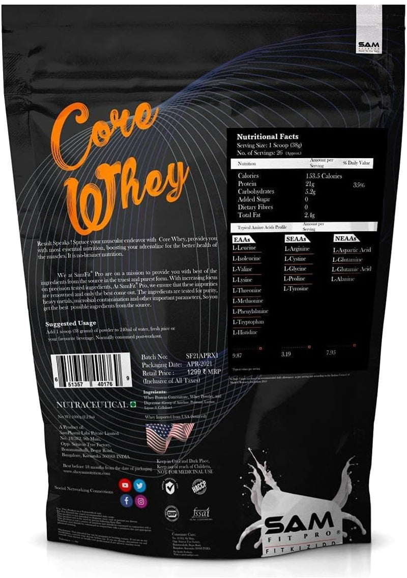 SPEC Samfit Pro Core Whey | Unflavoured | 21G Protein | 5.4G BCAA | 4G Glutamine | 1 Kg 2.2 Lbs |