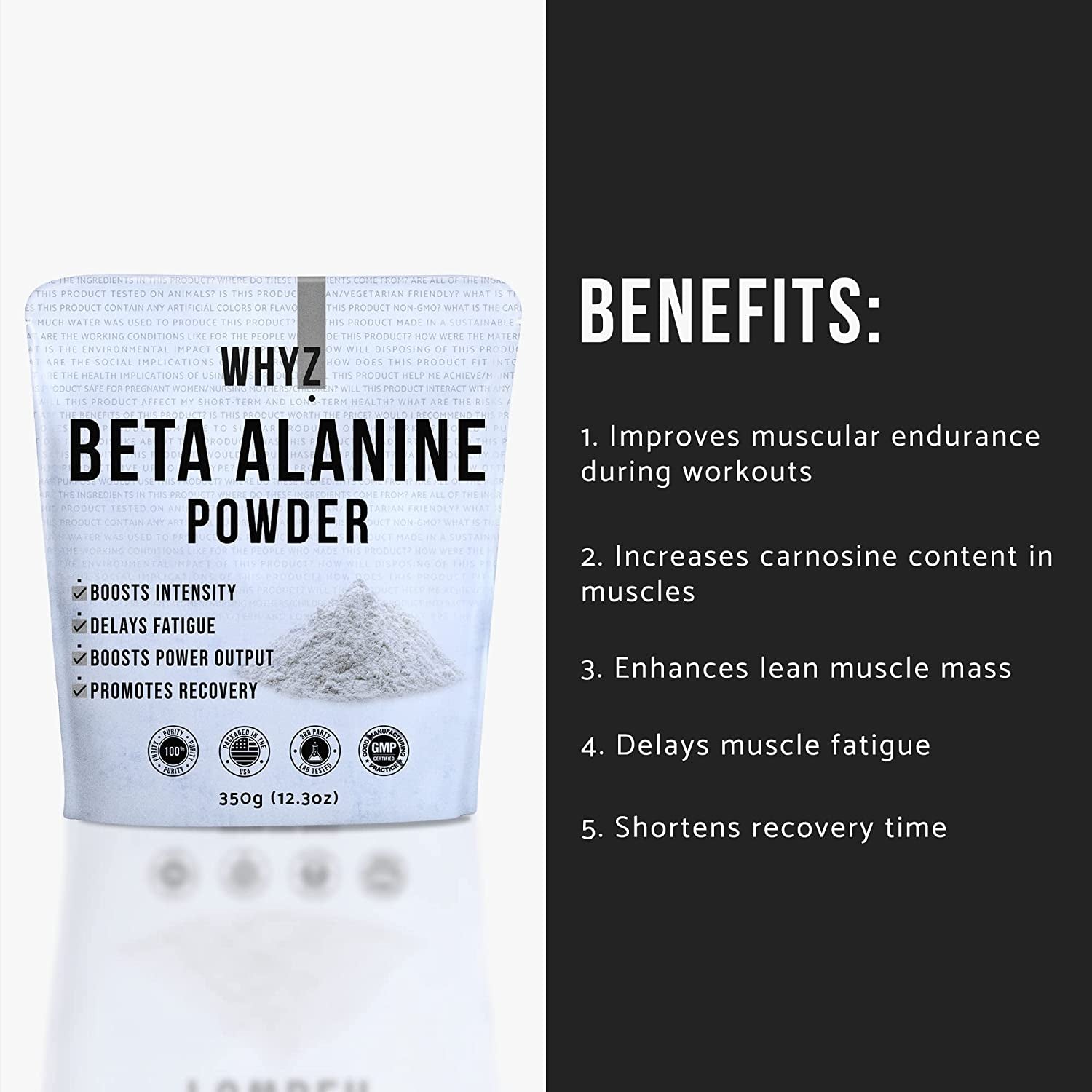 WHYZ Beta Alanine Powder 350G, Pure Beta Alanine Pre-Workout Supplement for Sustained Energy, Beta Alanine Pre Workout Powder for Men and Women, Alanine Supplement for Endurance, 467 Servings