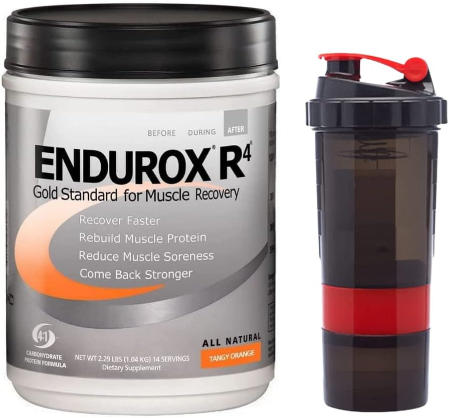 Pacifichealth Endurox R4, Post Workout Recovery Drink Mix with Protein, Carbs, Electrolytes and Antioxidants for Superior Muscle Recovery, Net Wt. 2.29 Lb, 14 Serving (Tangy Orange) with Shaker