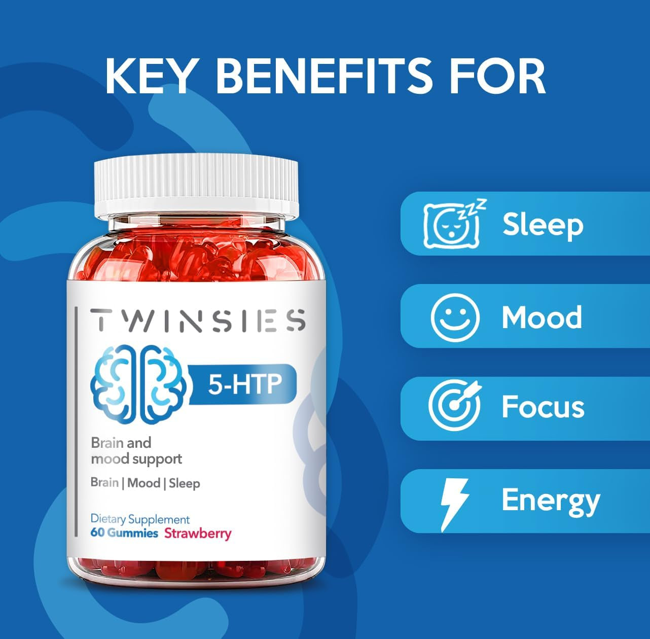 5-HTP Gummies 200Mg with L-Tryptophan Supplement for Brain, Mood Stabilizer and Sleep Support, 60 Strawberry Gummies (Strawberry)