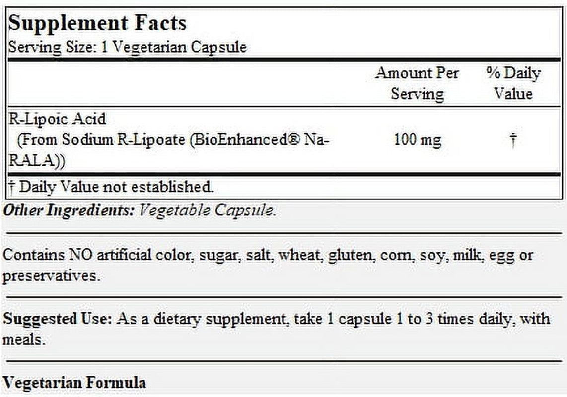 R-Lipoic Acid 100Mg Stabilized with Bio-Enhanced® Na-Rla (120 Vegetarian Capsules)