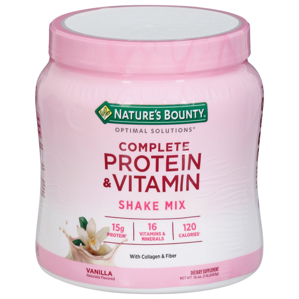 Nature'S Bounty Complete Protein & Vitamin Shake Mix with Collagen & Fiber, Contains Vitamin C for Immune Health, Vanilla Flavored, 16 Oz