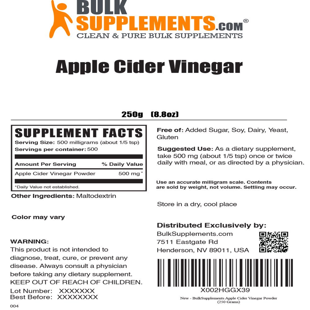 Bulksupplements.Com Apple Cider Vinegar Powder, 500Mg - Supports Heart Health (250G - 250 Servings)