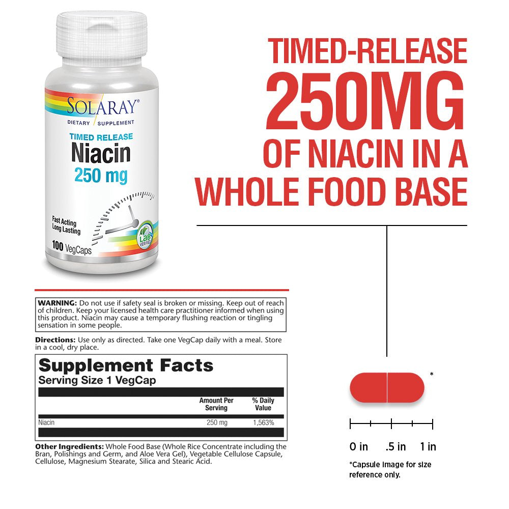Solaray Niacin Timed-Release 250Mg, Vitamin B3 | Skin Health, Cardiovascular & Nervous System Support | 100Ct