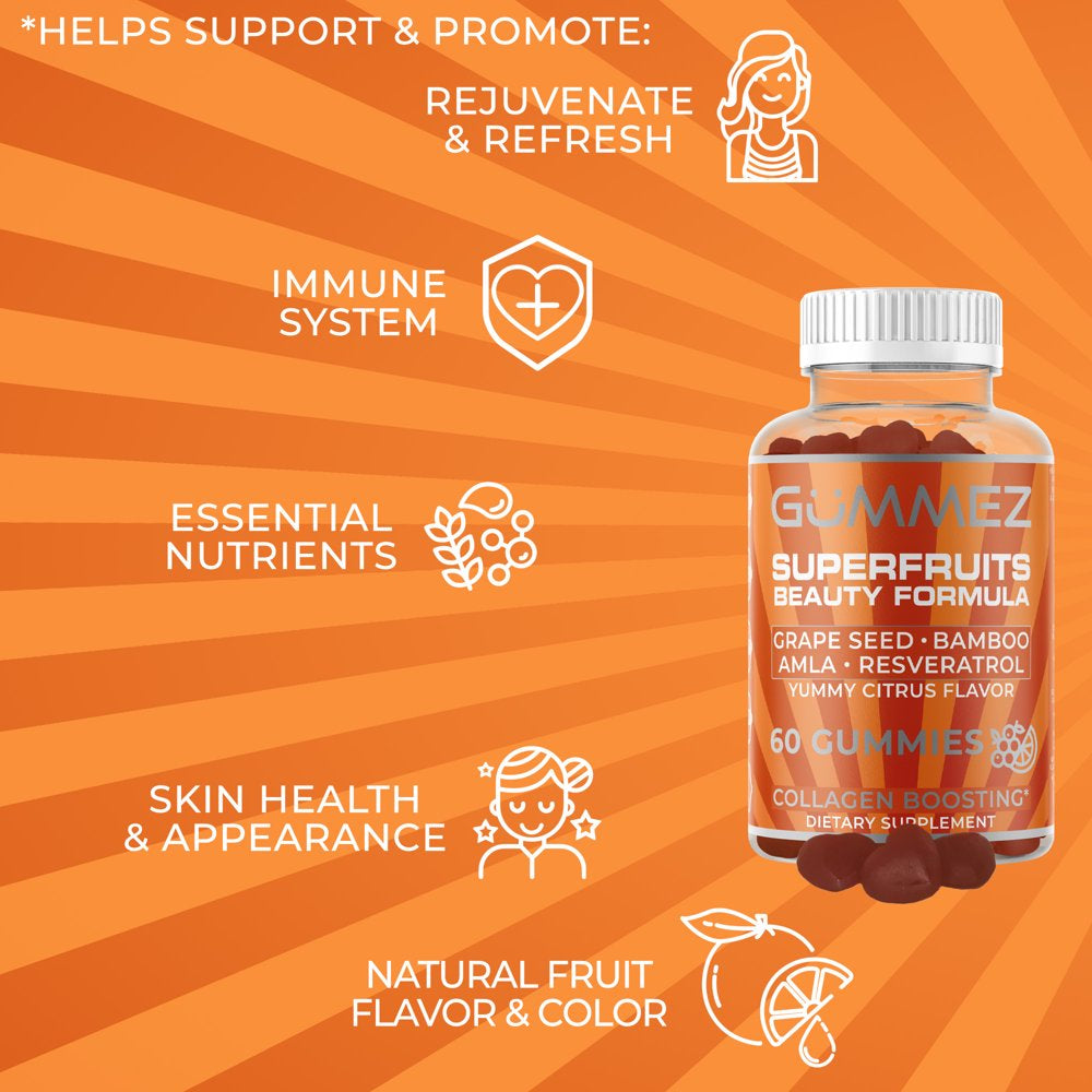 Superfruits Gummies - Vegan Collagen Booster Gummy 60 Count - Plant Based Citrus Flavor Supplements for Stronger, Healthier Hair, Skin & Nails Growth, Vitamins A, C, E, Biotin & Folate, Gluten-Free