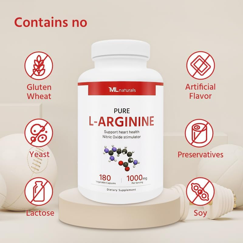 ML Naturals Pure L-Arginine 1000 Mg 180 Vegetable Capsules. Amino Acid, Nitric Oxide Stimulator, and Supports Heart Health.