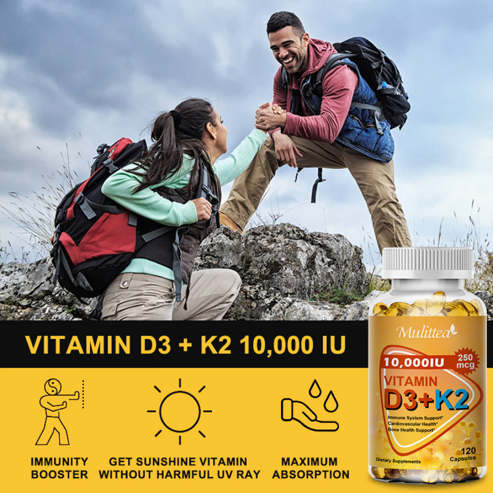 Mulittea 10,000IU 250Mcg Vitamin D3 + K2(Mk7) Softgel for Bone & Joint Health,Diet Supplement,60Ct