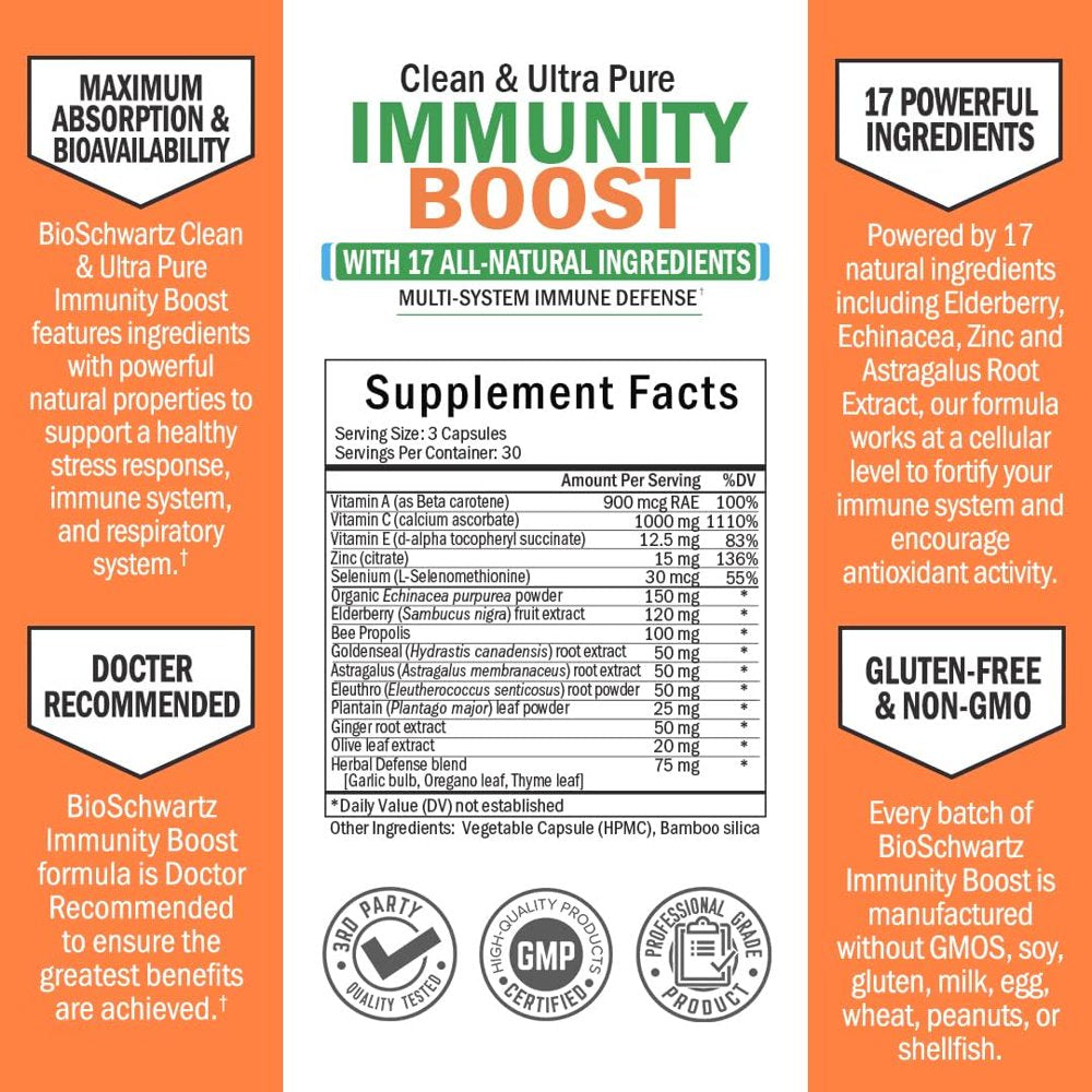 Bioschwartz Immunity Boost Supplement | Natural Immune Defense Antioxidant Vitamins | 90 Ct