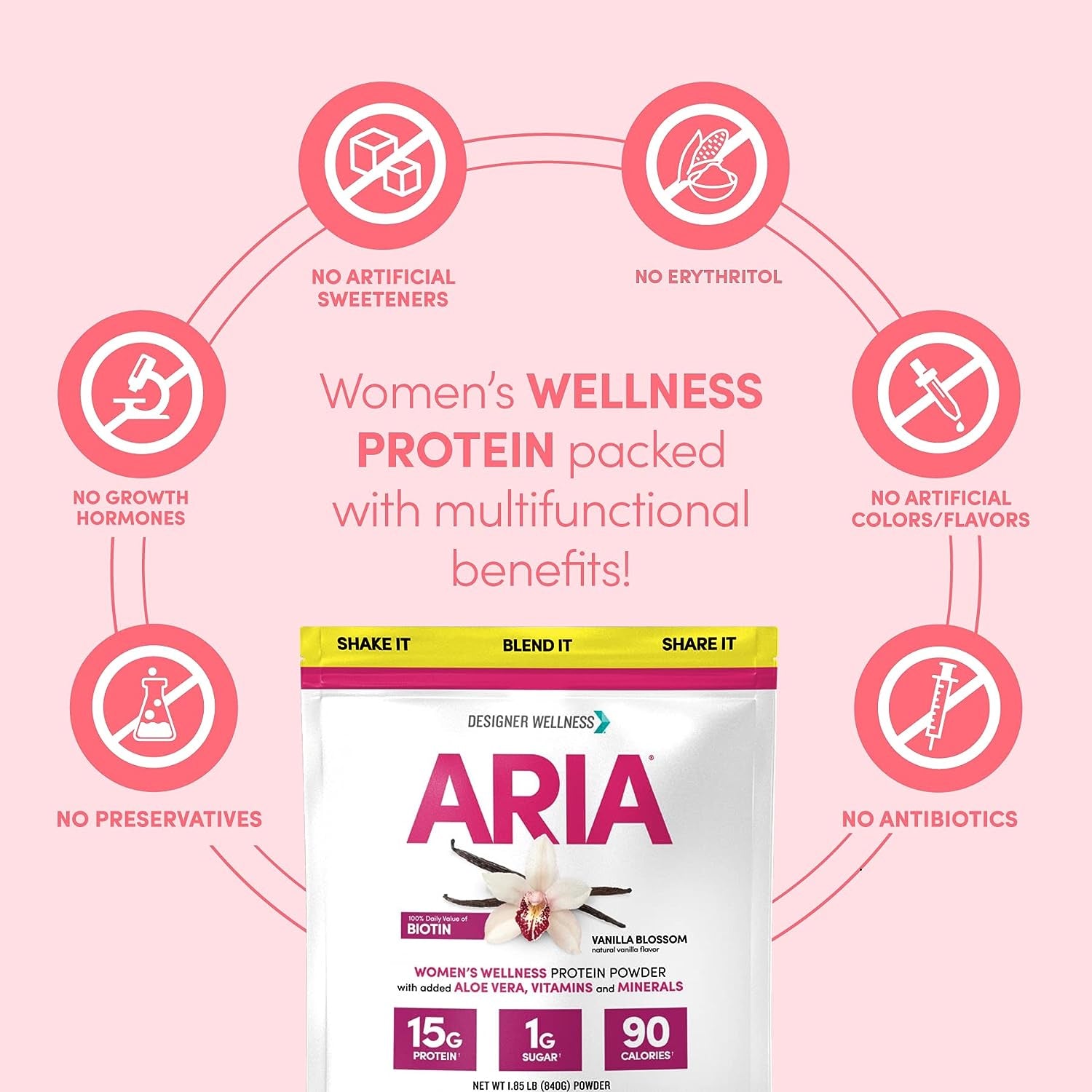 Designer Wellness, Aria, Women'S Wellness Low Calorie Vanilla Protein Powder with Biotin, Vitamin C and Organic Aloe, Vanilla Blossom, 1.85 Pound