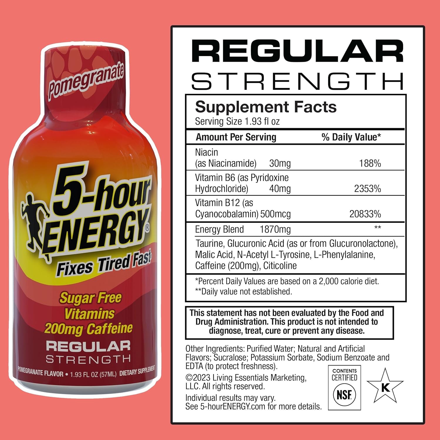 5-Hour ENERGY Regular Strength Energy Shot | Pomegranate Flavor | 1.93 Oz. | 24 Count | Sugar-Free & Zero Calories | B-Vitamins & Amino Acids | 200Mg Caffeinated Energy Shot | Dietary Supplement