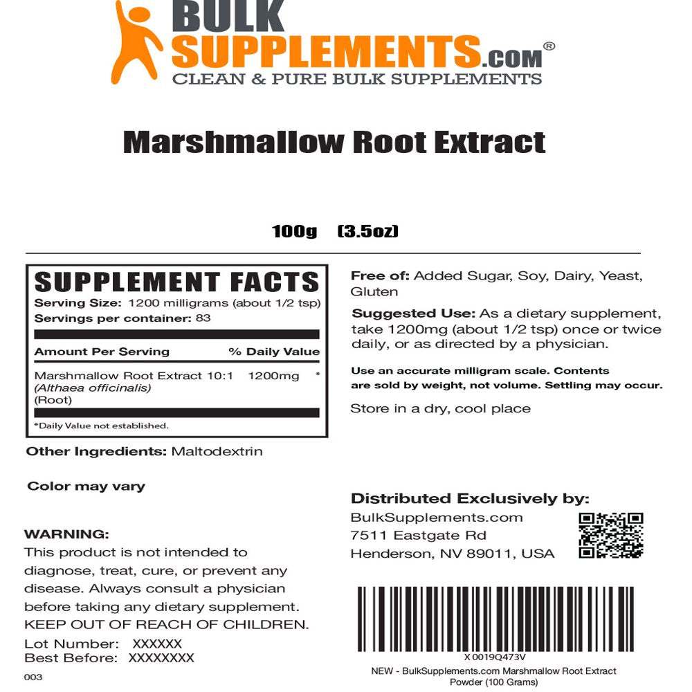 Bulksupplements.Com Marshmallow Root Extract Powder, 1200Mg - Herbal Extract - Lung Support Supplement (100G - 83 Servings)