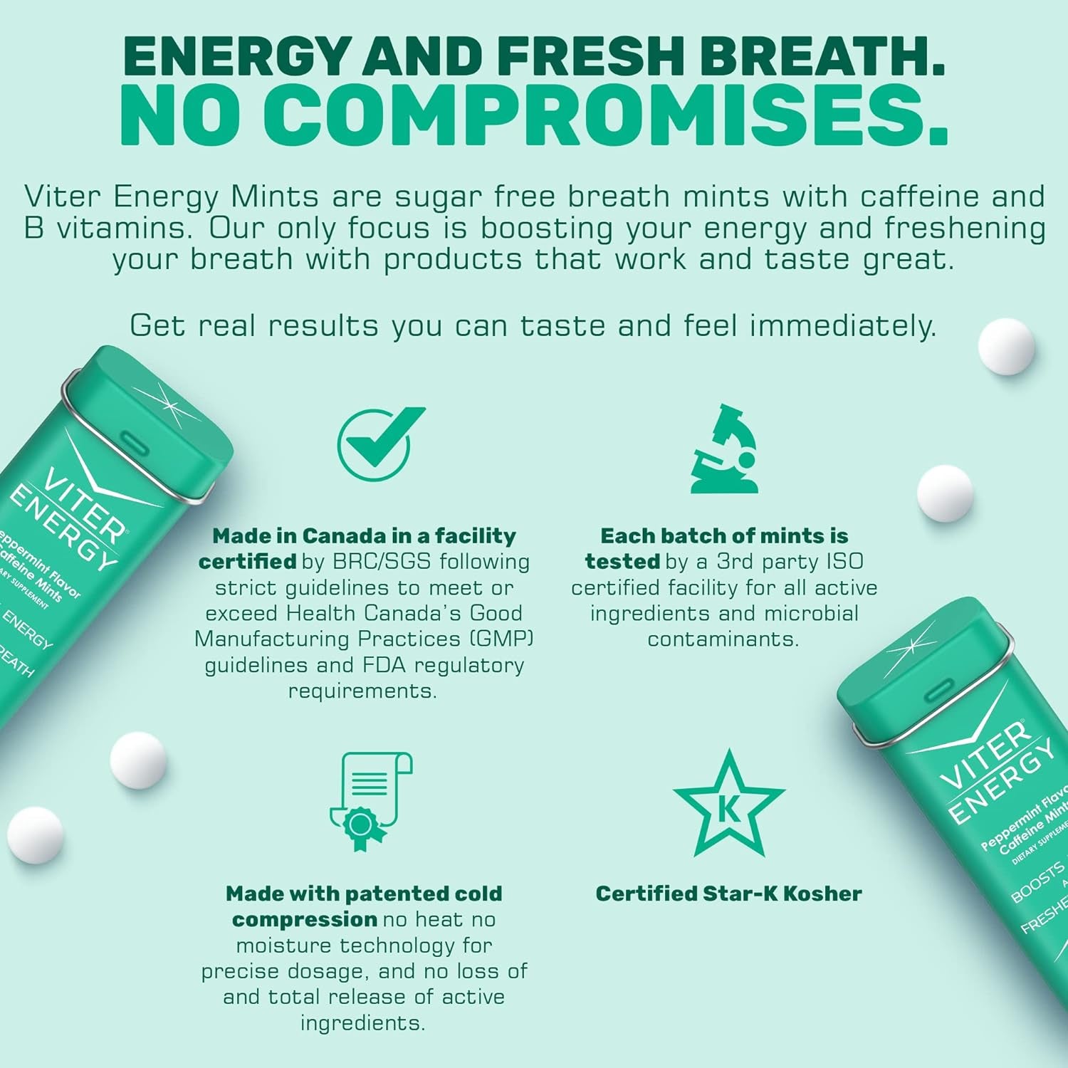 Viter Energy Original Caffeine Mints Peppermint Flavor 6 Pack and 1/2 Pound Bulk Bag Bundle - 40Mg Caffeine, B Vitamins, Sugar Free, Vegan, Powerful Energy Booster for Focus and Alertness