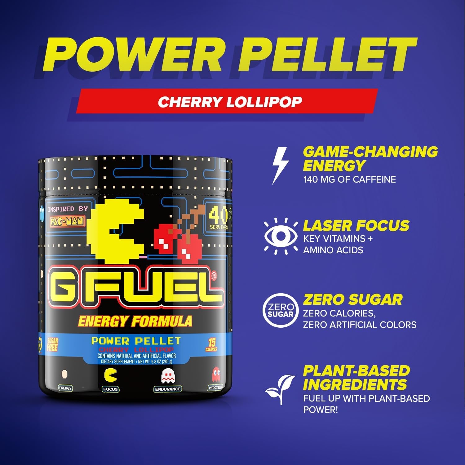 G Fuel Pac-Man Energy Powder, Sugar Free, Clean Caffeine Focus Supplement, Water Mix, Cherry Lollipop Flavor, Focus Amino, Vitamin + Antioxidants Blend, 9.8 Oz (40 Servings)