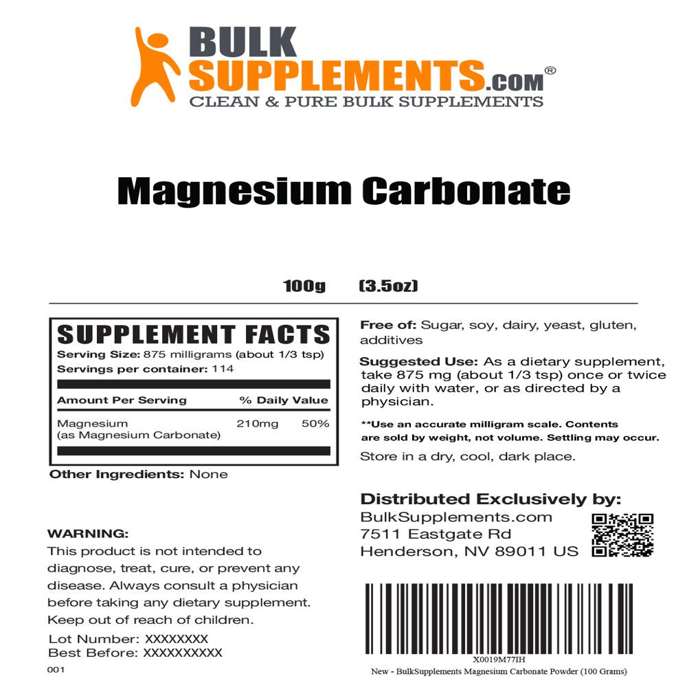 Bulksupplements.Com Magnesium Carbonate Powder - Magnesium Powder Supplement - Magnesium for Constipation - Sleep Powder (100 Grams)