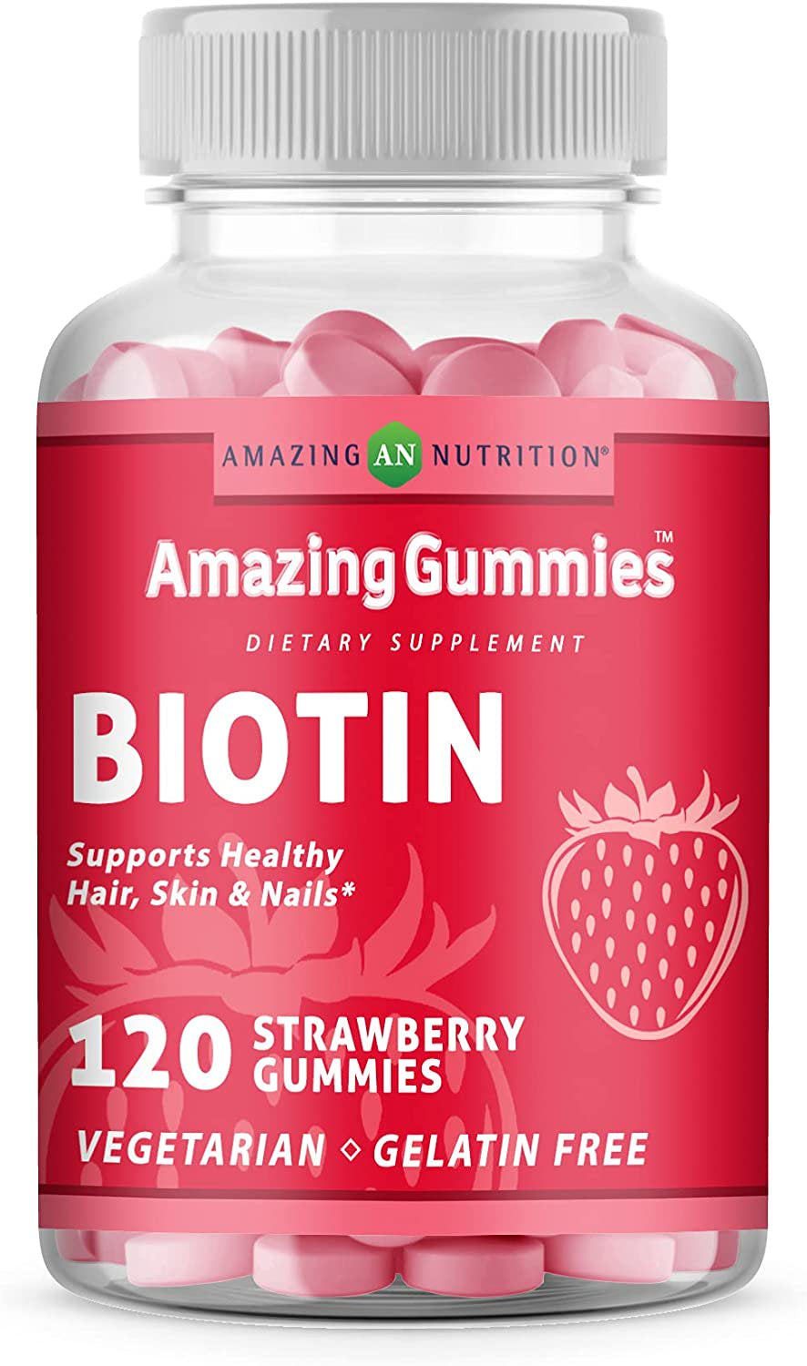 Amazing Formulas Biotin Supplement 10000 Mcg 120 Gummies - Strawberry Flavor (Non-Gmo, Gluten Free) - Supports Healthy Hair, Skin & Nails - Promotes Cell Rejuvenation