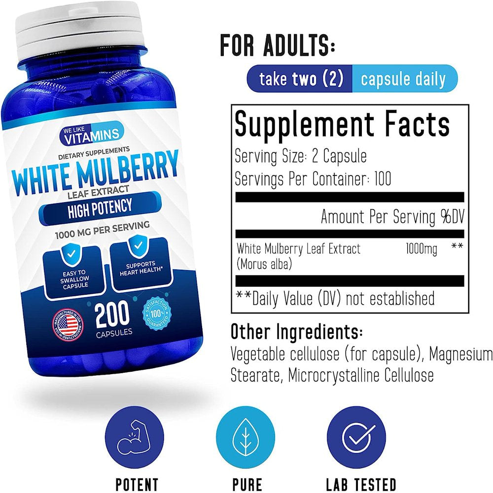 We like Vitamins White Mulberry Supplement Blood Sugar Support Appetite Suppressant 200 Capsules