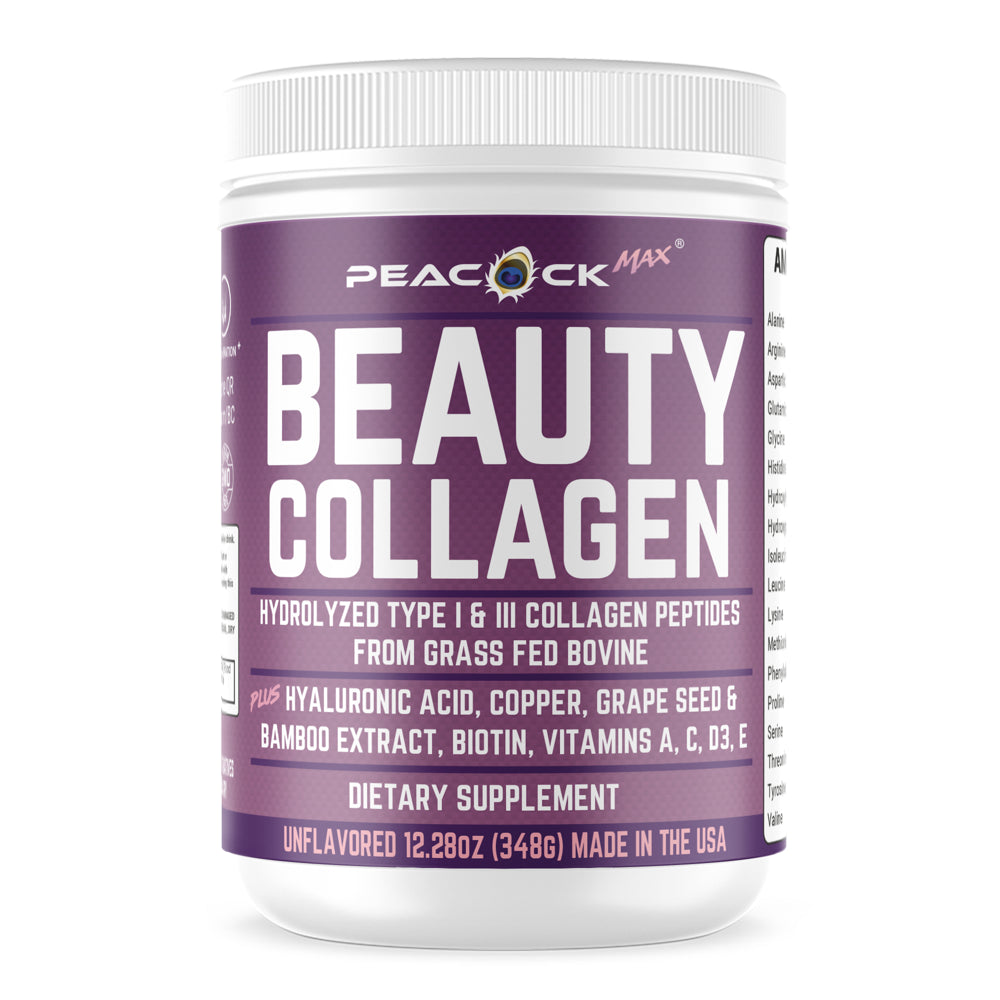Beauty Collagen Protein Powder Hydrolyzed Type I, III Peptides Grass Fed Non-Gmo Hyaluronic Acid, Copper, Grape Seed, Bamboo Extract, Biotin Vitamin a C D3 E Unflavored Anti-Aging Skin Hair Nail 12Oz