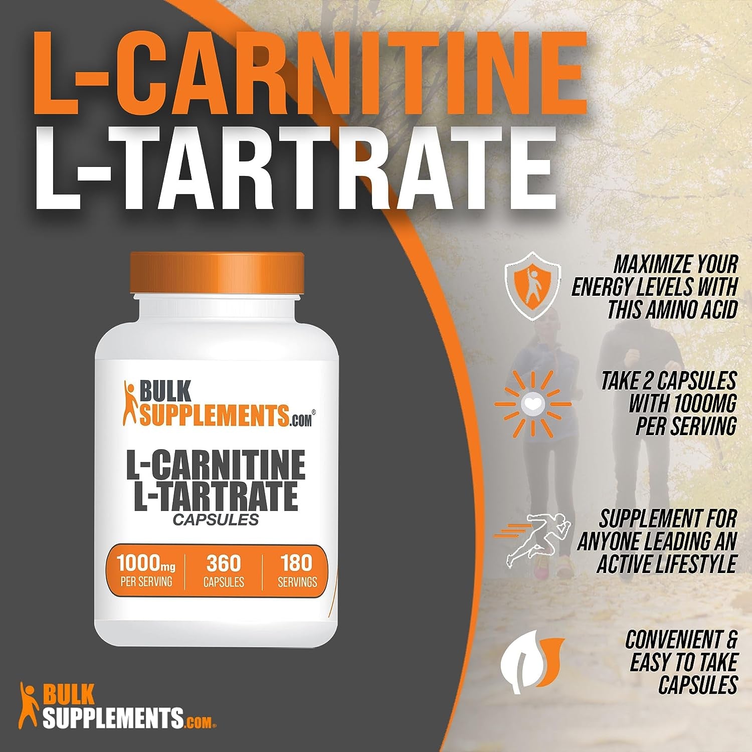 Bulksupplements.Com L-Carnitine L-Tartrate Capsules - Carnitine Supplement, L-Carnitine Tartrate, L Carnitine 1000Mg Capsules - Amino Acids, Gluten Free, 2 Capsules per Serving, 360 Capsules