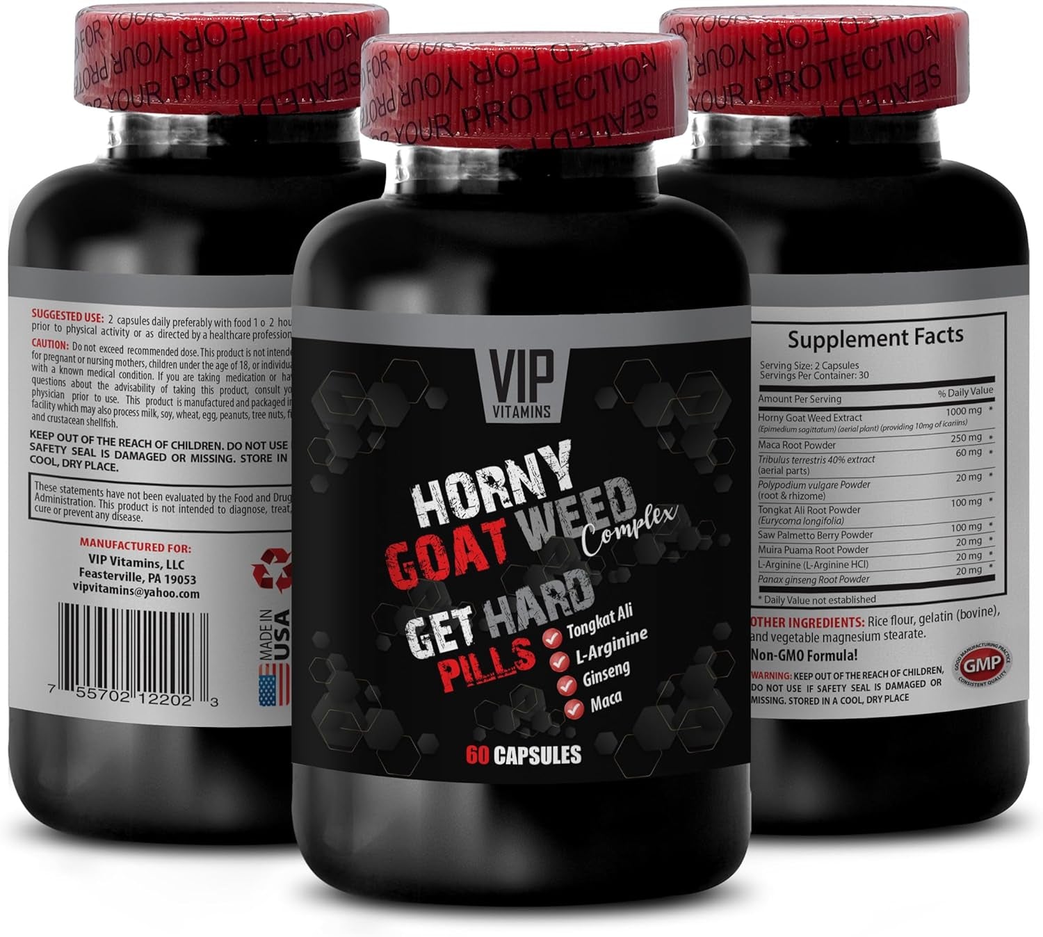 VIP VITAMINS Tribulus Terrestris with Arginine - GET Hard Pills - Tongkat Ali Herbs Strength, 1 Bottle (60 Capsules)