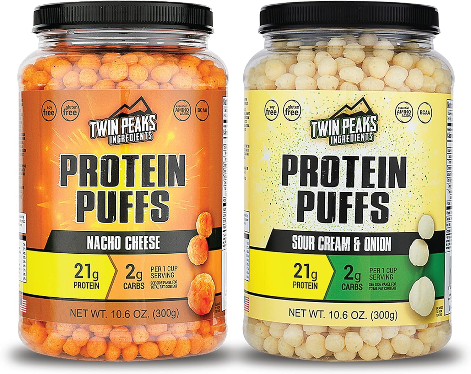 Twin Peaks Low Carb, Keto Friendly Protein Puffs Combo Pack, 1 Jug Sour Cream Flavor Puffs + 1 Jug Nacho Cheese Flavor Puffs