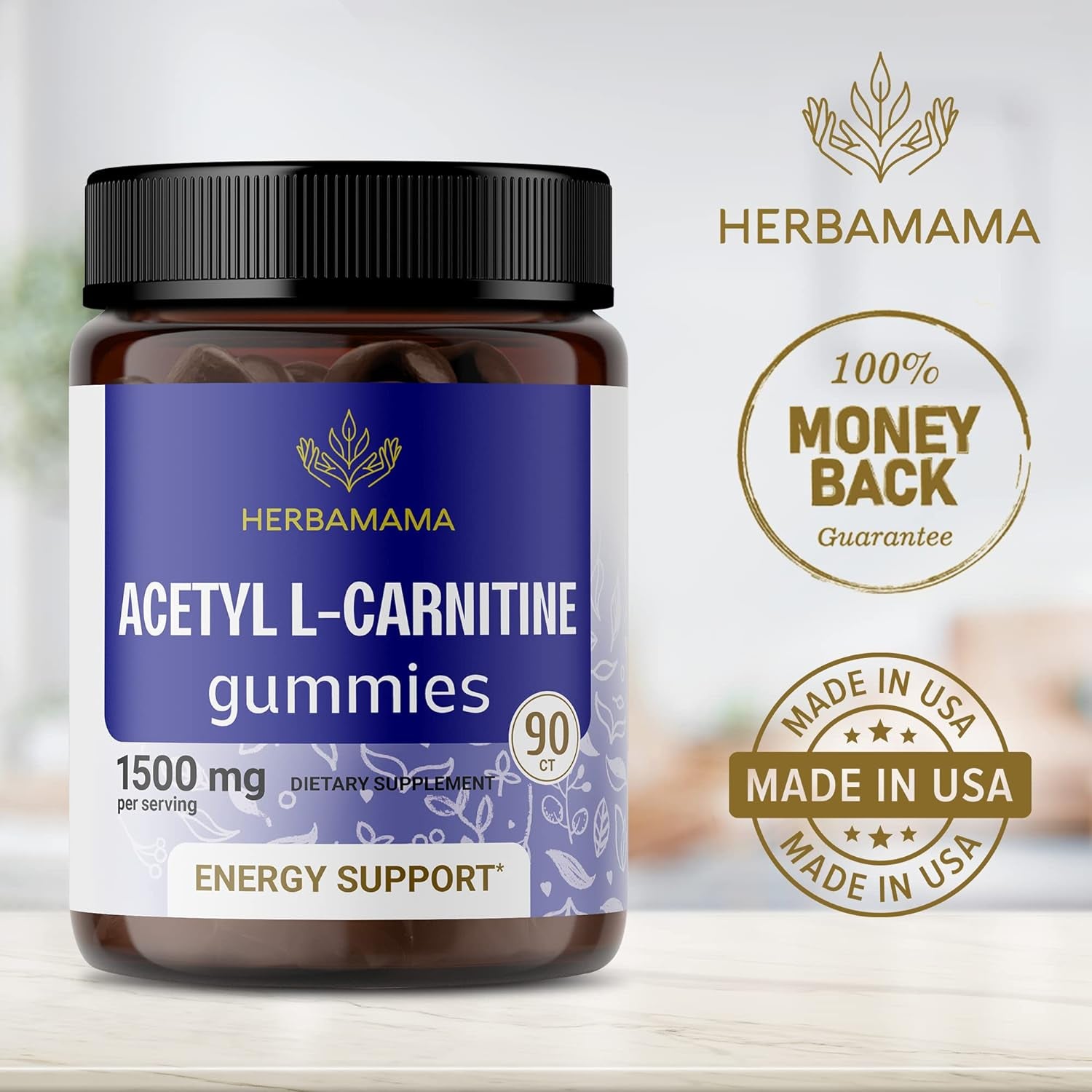 Acetyl L-Carnitine 1500Mg Gummies - Daily Energy Gummies to Support Cognitive Mental Sharpness & Immune System Function - 90 Blueberry Gummies per Bottle