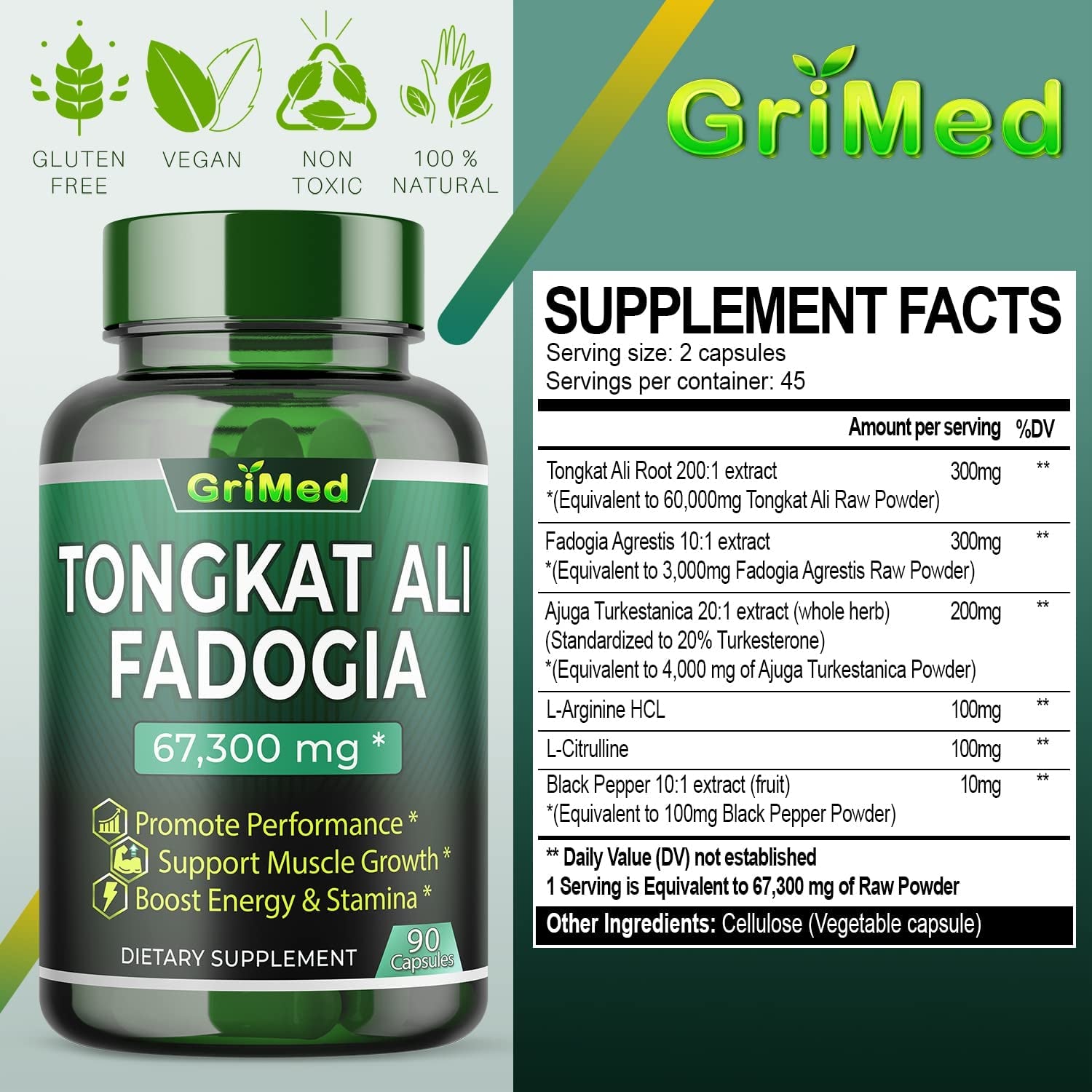 Grimed 67300Mg 200X Concentrated Extract Tongkat Ali + Fadogia Agrestis - Performance Energy Support with Turkesterone, L-Arginine, L-Citrulline (90 Count (Pack of 1))