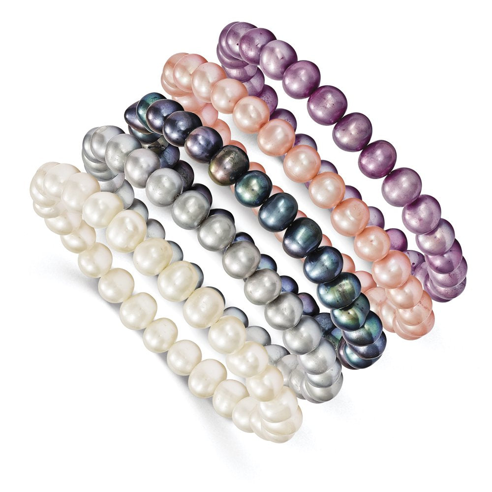 7-8Mm White/Grey/Black/Pink/Purple Freshwater Cultured Pearl Stretch 5 Piece Bracelet Set QH5195SET