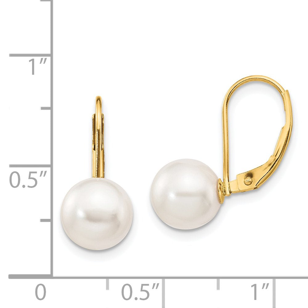 14K 8-9Mm White round Saltwater Akoya Cultured Pearl Leverback Earrings XF482E