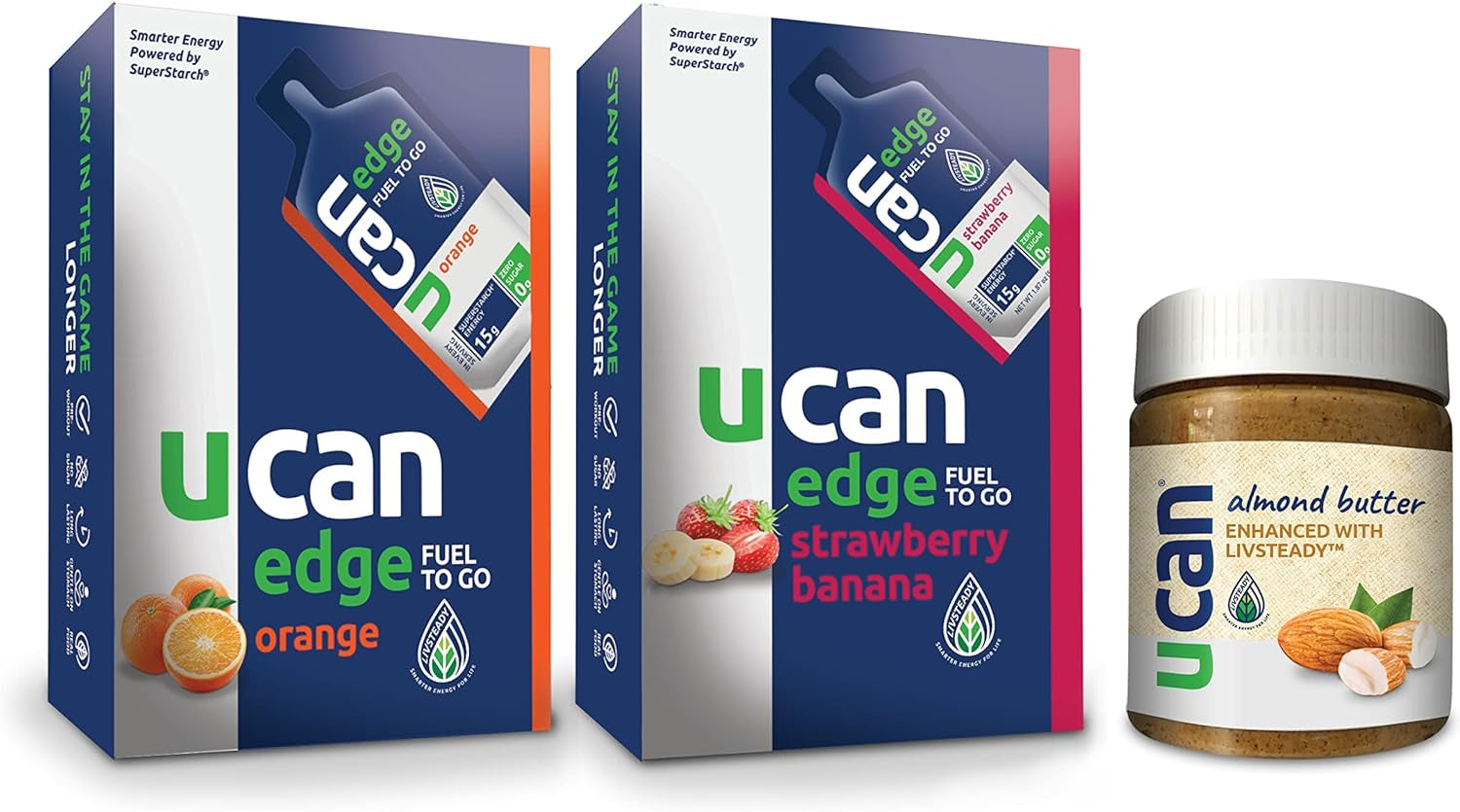 UCAN Orange Edge, Strawberry Banana Edge, & Almond Butter Bundle - Great for Running, Training, Fitness, Cycling, Crossfit & More | Sugar-Free, Vegan, & Keto Friendly Energy Supplement