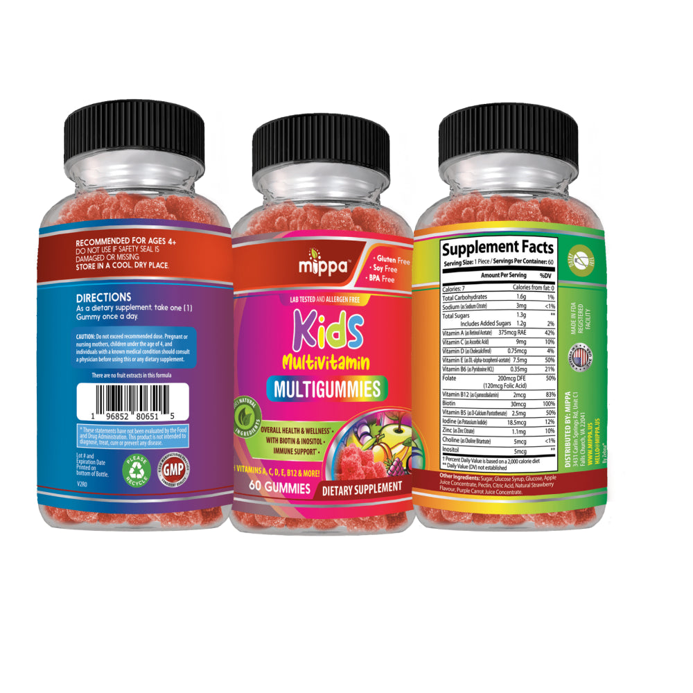 Mippa Kids Multivitamin Multi Gummies - Strengthens Immune System, Boost Overall Health and Wellness, Dietary Supplement, Complete Range of Nutrients, Vitamins A, C, D, E, B12 and More, Gummies