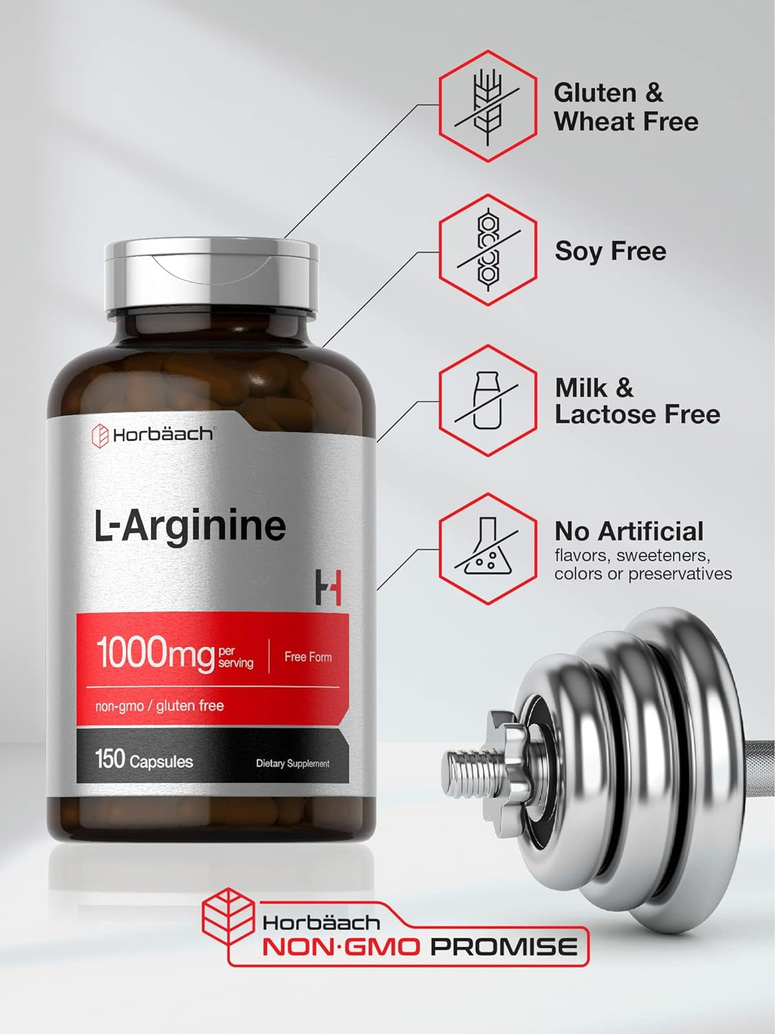 L Arginine 1000Mg Capsules | 150 Powder Pills | Free Form | Non-Gmo & Gluten Free Supplement | by Horbaach