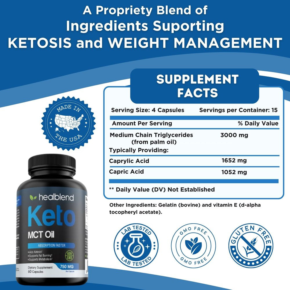 Keto MCT Oil for Ketosis Diet, Exogenous Ketones, Focus, Energy, and Fat Burn - Ketogenic Supplements for Men Women, 60 Capsules