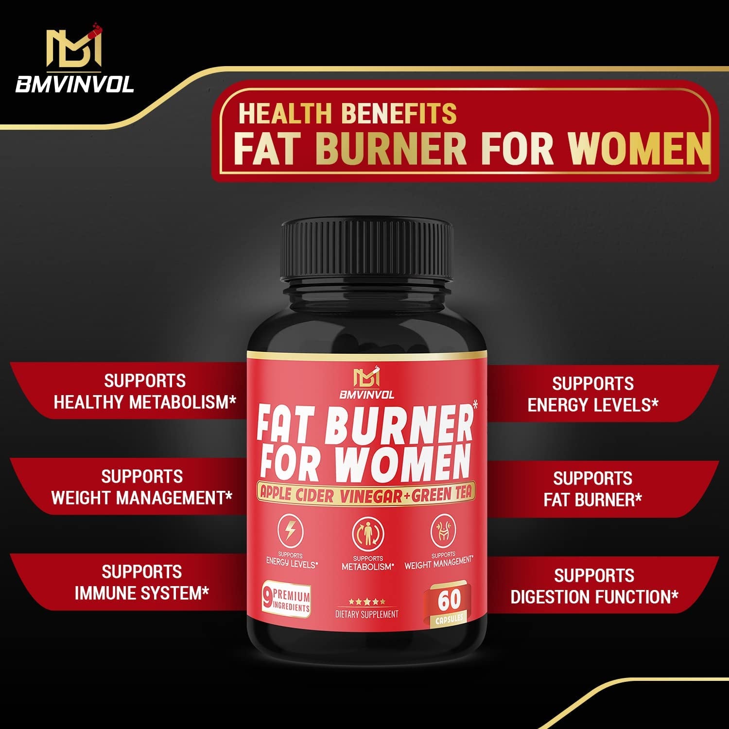 Fat Burner for Women, 9-In-1 Powerful Blend of Apple Cider Vinegar, Green Tea, Garcinia Cambogia, Green Coffee Bean, White Kidney Bean, Coleus Forskohlii, Raspberry Ketones, Olive Leaf