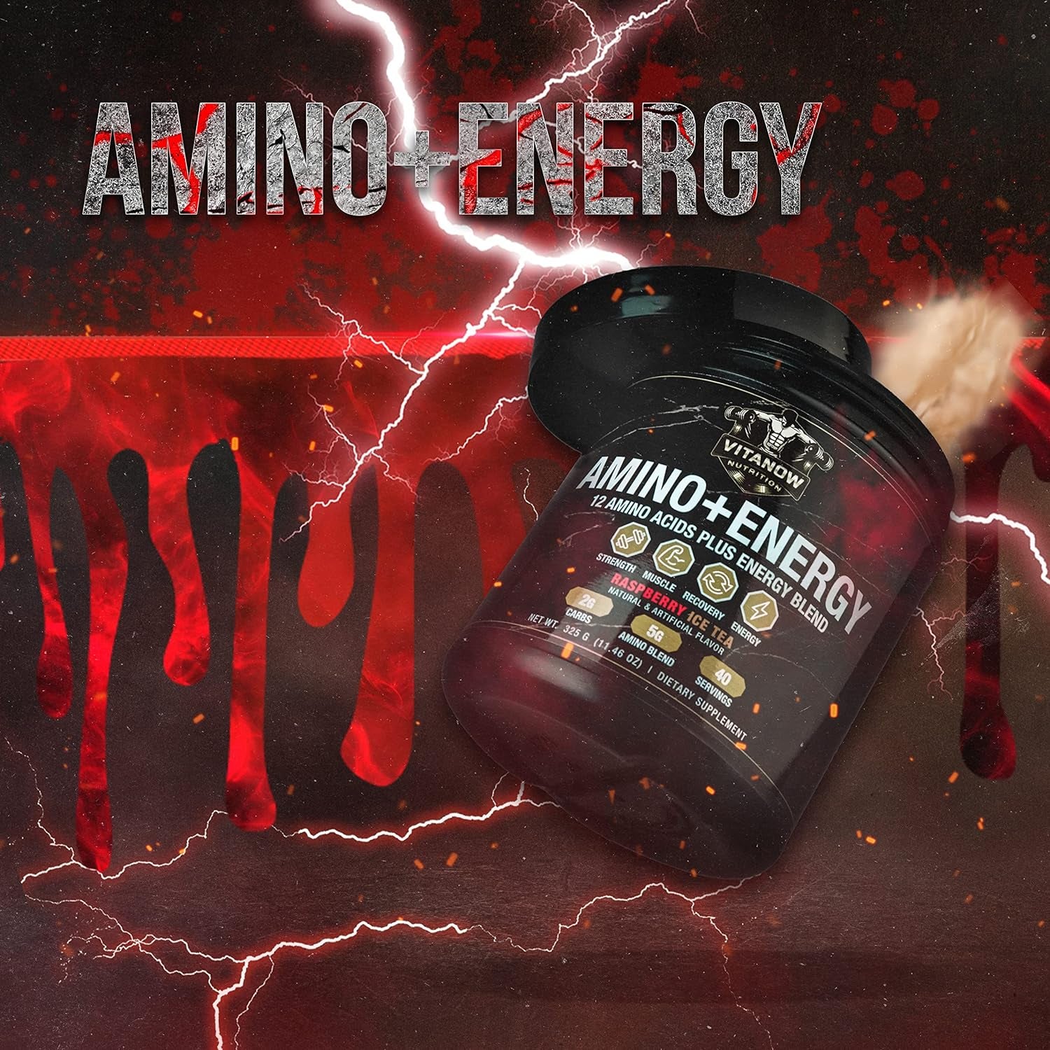 VITANOW NUTRITION Amino+Energy, 12 Amino Acids plus Energy Blend, Contain Carbs, 360G, 40 Servings (Raspberry Ice Tea)