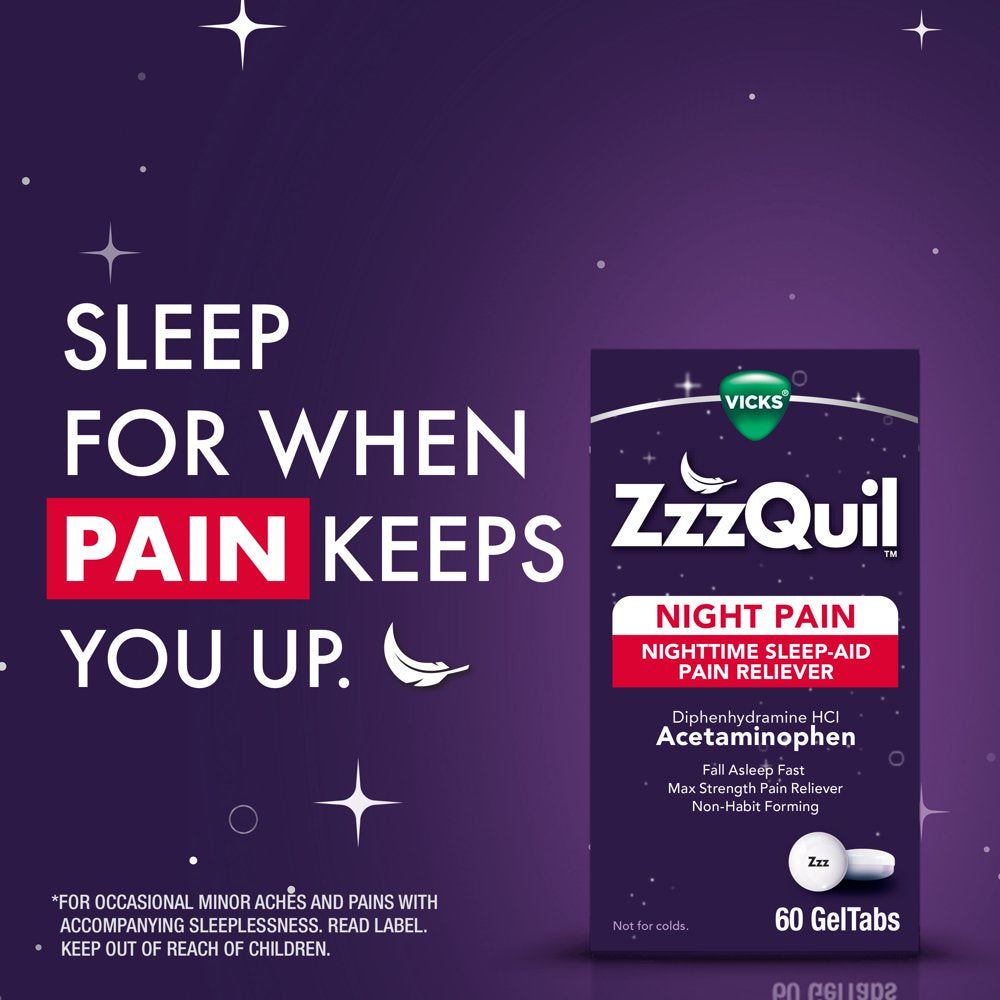 Vicks Zzzquil Night Pain Nighttime Sleep Aid Pain Reliever Geltabs, Over-The-Counter Medicine, 60 Ct