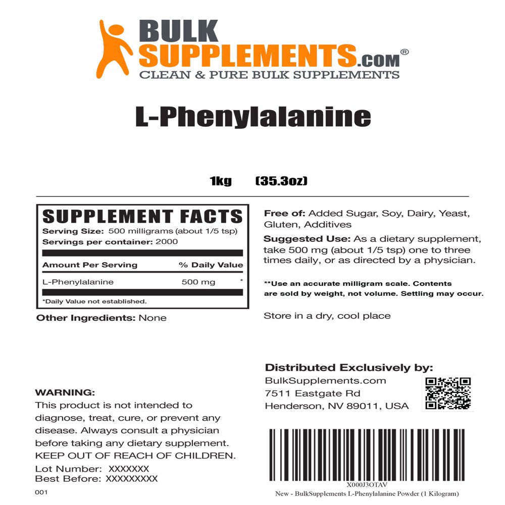 Bulksupplements.Com L-Phenylalanine Powder - Brain Supplements for Memory and Focus - Mood Boosting Supplement - DLPA Supplements (1 Kilogram)