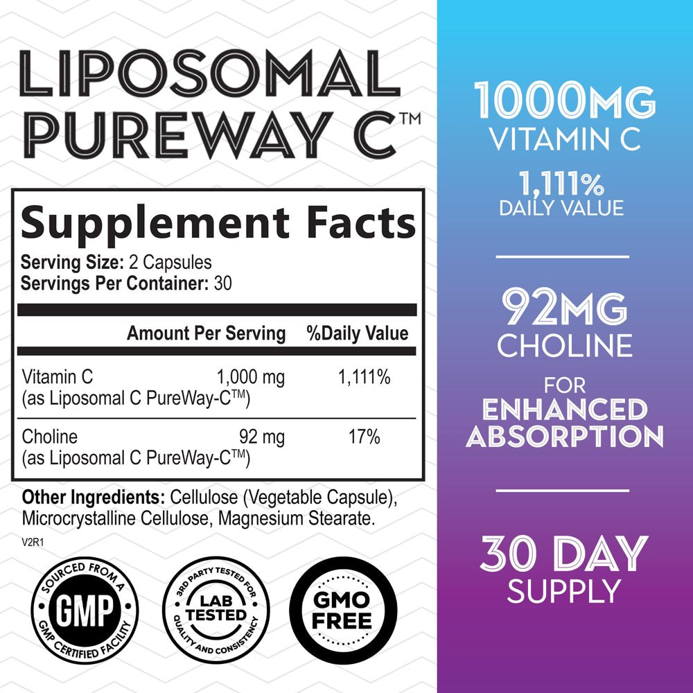 Liposomal Vitamin C Extra Strength 1000 Mg Pureway Vitamin C Supplement for Immune Support & Collagen Booster, Buffered Soluble Nature'S Liposome VIT C, Encapsulated for High Absorption - 60 Capsules