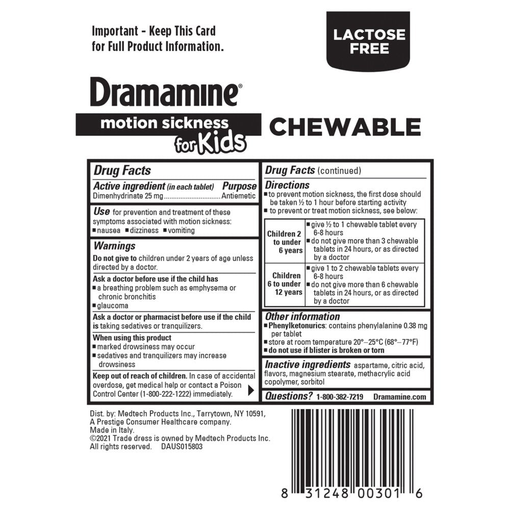 Dramamine Kids Chewable, Motion Sickness Relief, Grape Flavor, 8 Count