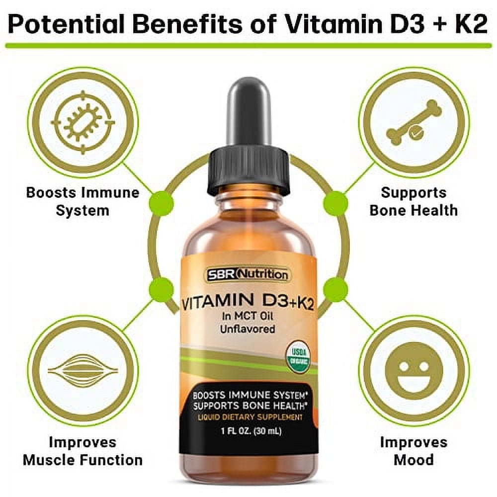 USDA Organic Vitamin D3 + K2 (MK-7) Sublingual Liquid Drops with MCT Oil | Naturally Unflavored | Helps Support Strong Bones and Healthy Heart, Boost Immune System